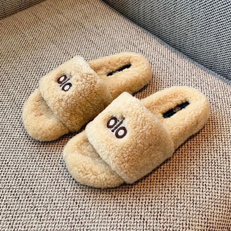 thick-soled lamb wool slippers women's outer wear women's shoes new autumn and winter versatile fashion one-word plush cotton slippers
