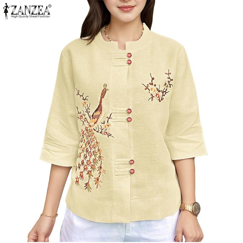 ZANZEA Bluză de vară casual pentru femei cu guler înalt și mâneci 3/4 cu imprimeu