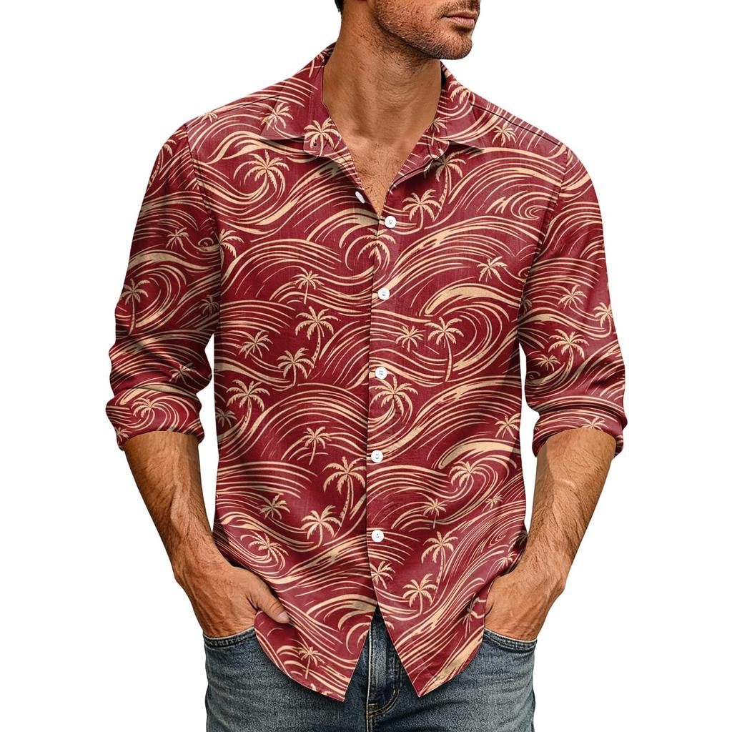 Men's Hawaiian Loose Fit Long Sleeve Shirt with Classic Collar Vintage Casual Button Down Shirt Suitable for Spring and Autumn Wear