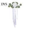 Wedding Car Decoration Set Door Handle Flower with Ribbon Tie And Green Leaves, White Artificial Decor Rose Rearview Mirror Bouquet for Bridal