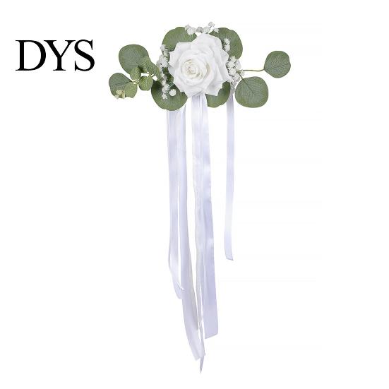 Wedding Car Decoration Set Door Handle Flower with Ribbon Tie And Green Leaves, White Artificial Decor Rose Rearview Mirror Bouquet for Bridal