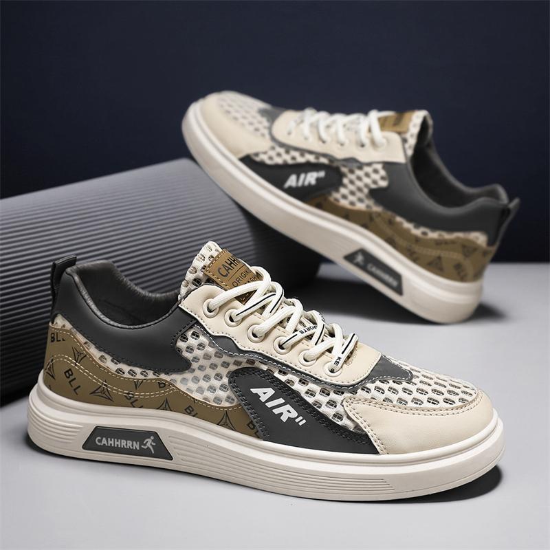 

Summer Men Shoes New Breathable Mesh Designer Luxurious Flat Outdoor Man Casual Sneakers Board Casual White Shoes 39 бежевый