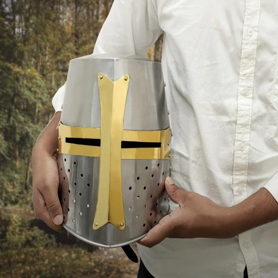 Medieval Templar Knight Crusader Brass Cross Helmet Armor Handmade Steel Collectible Cosplay, Decoration