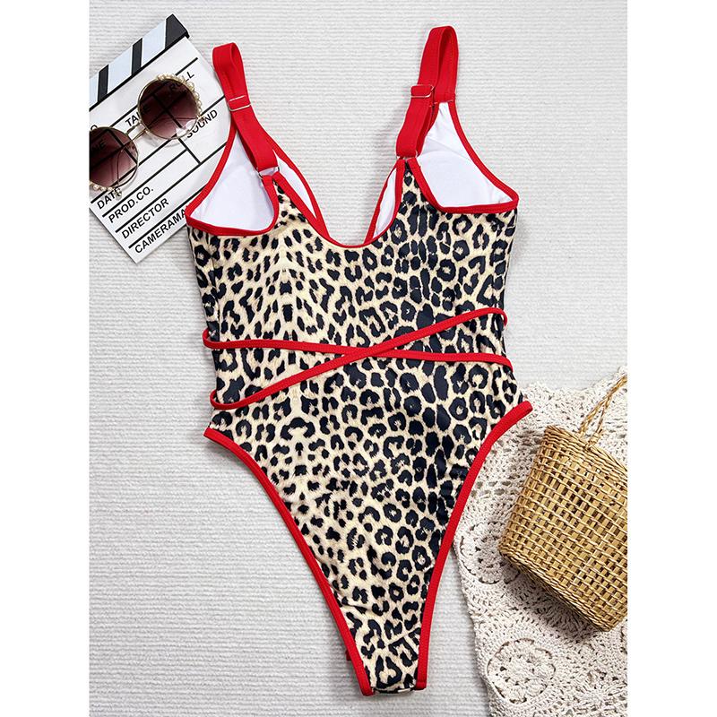 Sexy Leopard Print Hollow Out Monokini Swimsuit Woman One Piece Swimwear Red String Cross High Cut Bathing Suit Bodysuits