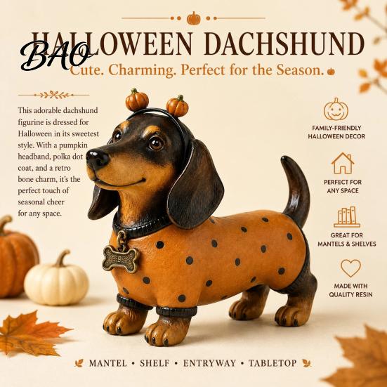 Unique Holiday Party Favors Fall Harvest Dachshund Figurine, Halloween Statue with Pumpkin Headband Polka Collectible Dog Lover Gifts Dot Outfit,