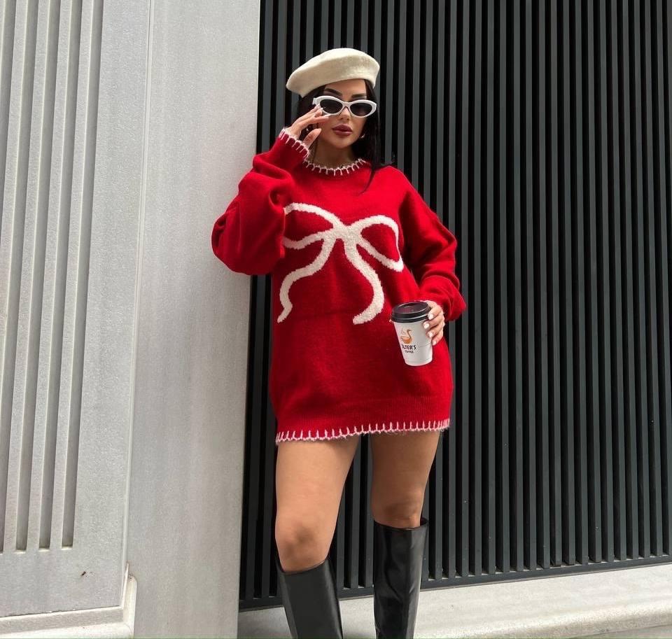 Dámský podzimní/zimní svetřík s mašlí - Evropský a americký styl Kulatý výstřih Pletený pulovr