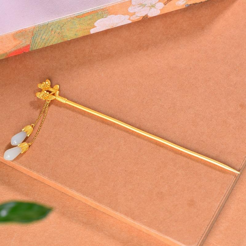 

Свежая винтажная тиара с цветком магнолии, простые аксессуары для волос к ципао, кисточки из белого нефрита, архаичный стиль, китайская заколка для волос