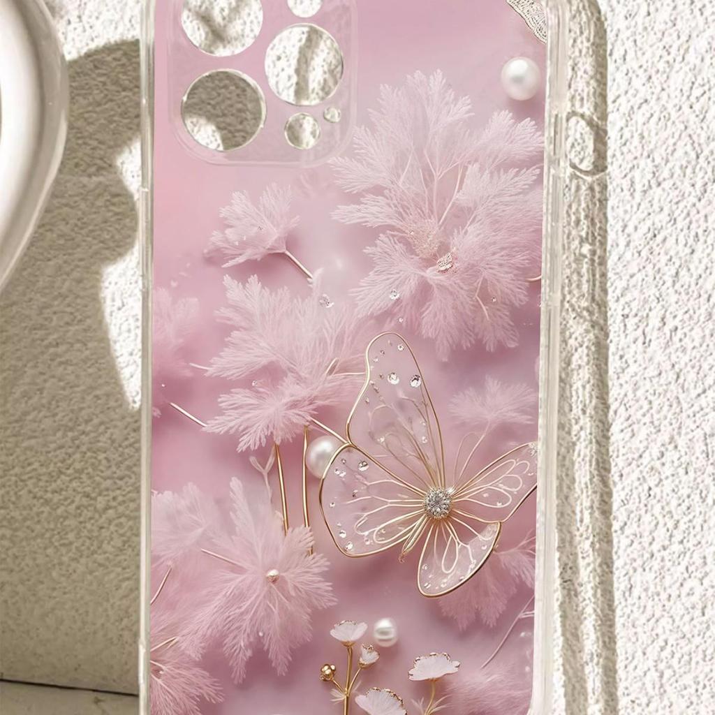 Light Pink Butterfly Drop-Proof Transparent Case for iPhone 14/15/16/17 Pro Max Series