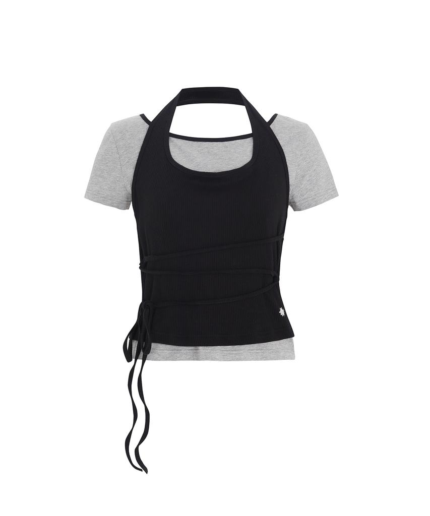 Sekeondeusolteu Strap Layered Ribbed Halter Neck T-Shirt (Melange Grey)