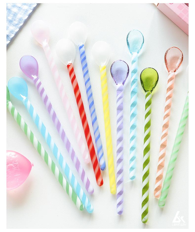 Colorful Glass Jade Spoon Set, Heat-Resistant Borosilicate Glass, 4-Piece, Pink Gift Box, Long Handle Round Stirring Spoons