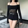 Pure Desire Off Shoulder Elegant Spice Girl Tops Ins Autumn New Sexy Slim Mesh T-shirt Women Fashion Solid Long Sleeved Casual Clothing