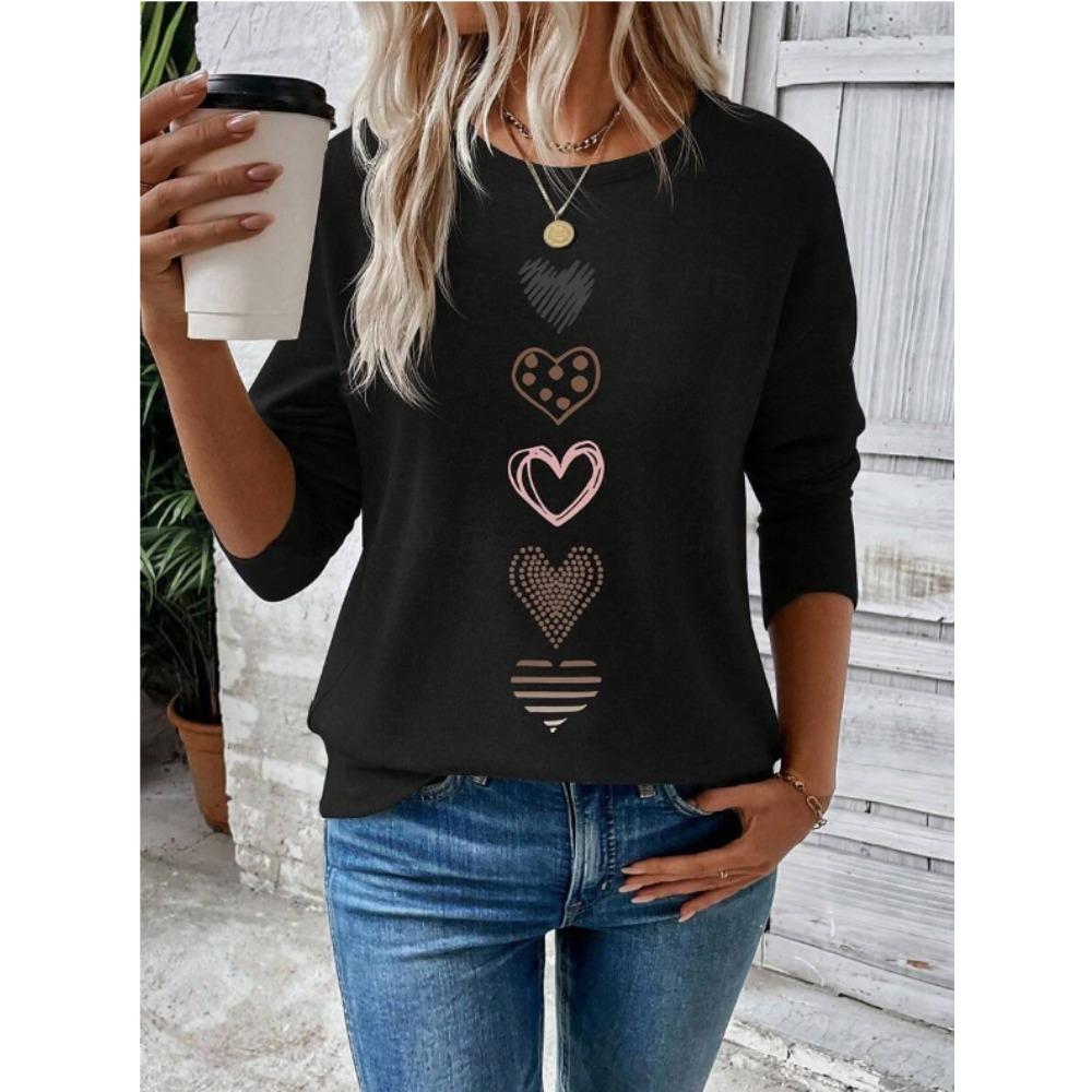 Top da Donna Stampa Cuori Girocollo Manica Lunga T-shirt Autunno Casual Slim Pullover Top a Manica Lunga da Donna