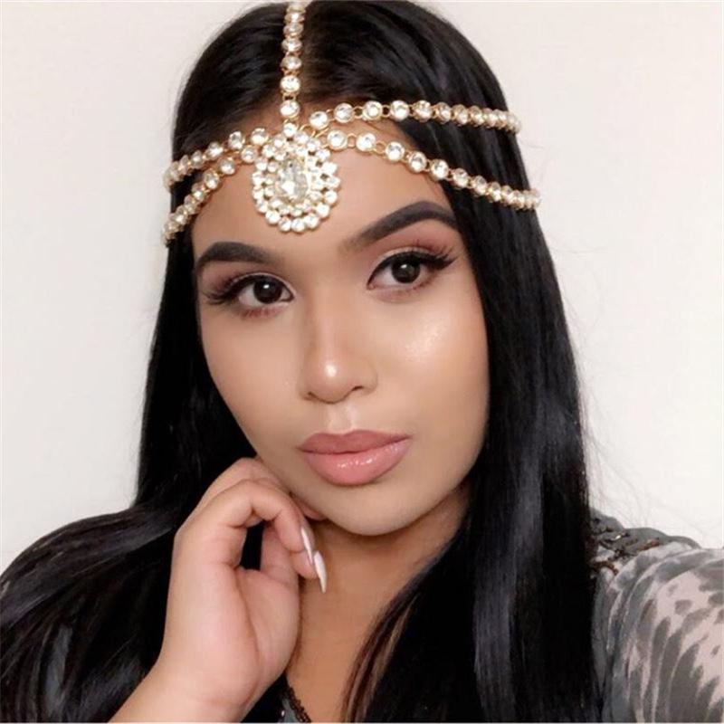 Cross-Border New Arrival Bohemian Water Drop Forehead Lace Bridal Headdress European and American Retro Crystal Headband