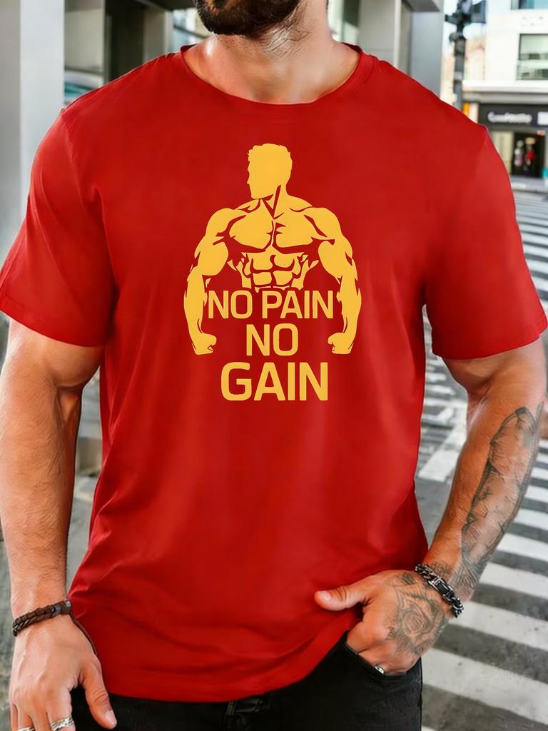 Muscle Silhouette No Pain No Gain Fitness Print Unisexs Cotton Crew Neck Tee Short Sleeve Loose Gym Daily Street Male Wear Top