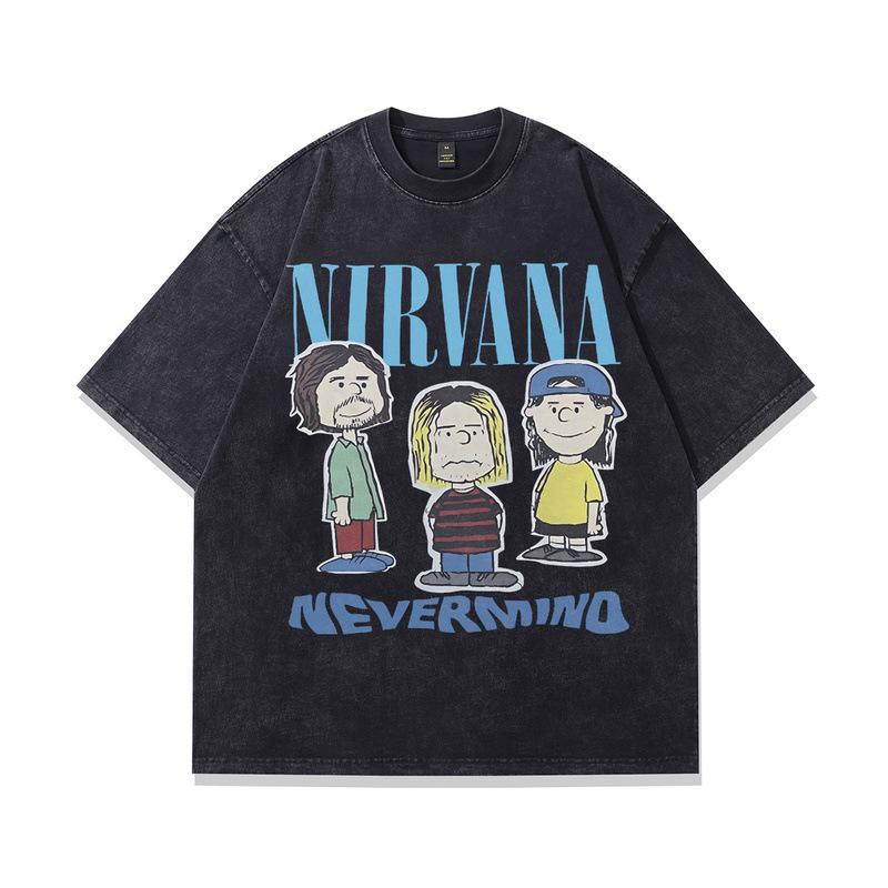 European And American Retro Rock Band Wind Vintage Printing Oversize Heavy Cotton Short-Sleeved T-Shirt Men And Women