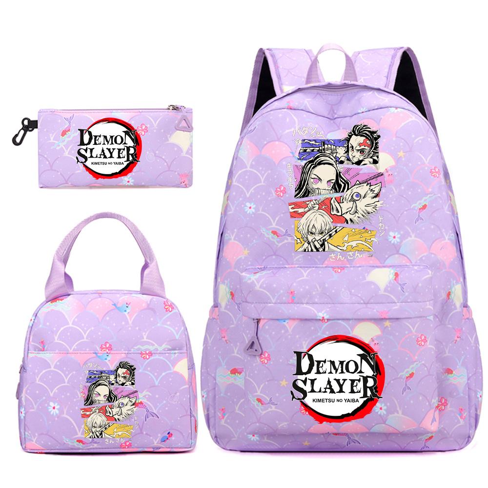 3Pcs/set Anime Demon Slayer Printed Backpack Handbag Pencil Case for Teenger Student Bookbag Women Large Capacity Waterproof Travel Bag Mochila