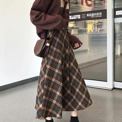 Damen Retro Woll-Plaid Midi-Rock Herbst Übergröße Schlank geschnittener A-Linien-Rock für Birnenförmige Figur