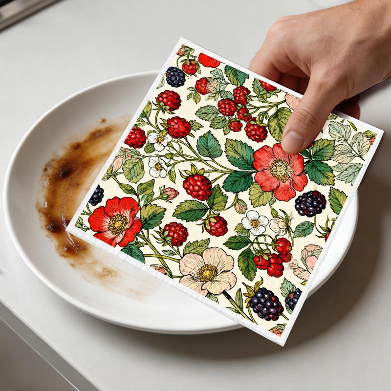 6PCS Cleaning Dishcloths Reusable Kitchen Dish Towels Vintage Floral Berry Print Dishcloth Absorbent Lint Free Cloth Washable Duster Rags Tea Towels