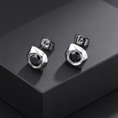 Fashion Black Zircon Geometric Stud Earrings for Men, Waterproof Hypoallergenic Stainless Steel Small Earrings, Hip Hop Jewelry