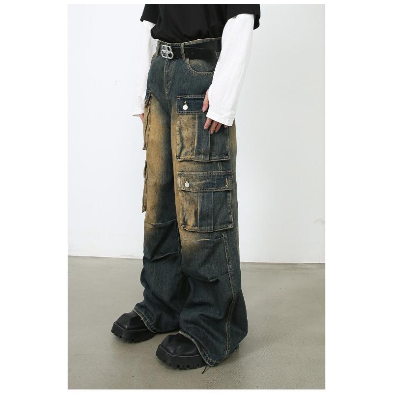 Vintage Overalls Men's Jeans High Street Loose Straight Multi Pockets Wide Leg Pants Straight Loose Jeans for Men Fashionable and Comfortable Pants