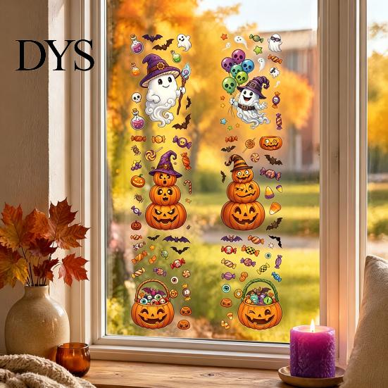 Cartoon Ghost Pumpkin Decals Halloween Window Cling Stickers, Candy Glass Decals, Self-Adhesive Removable Party Supplies for Art Home Doors
