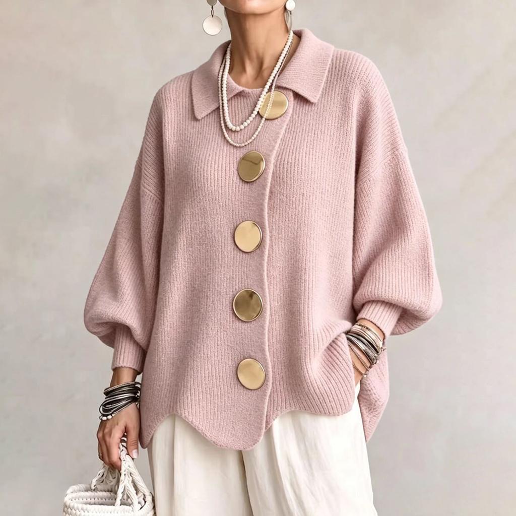 Cardigan alla moda da donna con colletto a revers, bottoni, cerniera e orlo asimmetrico