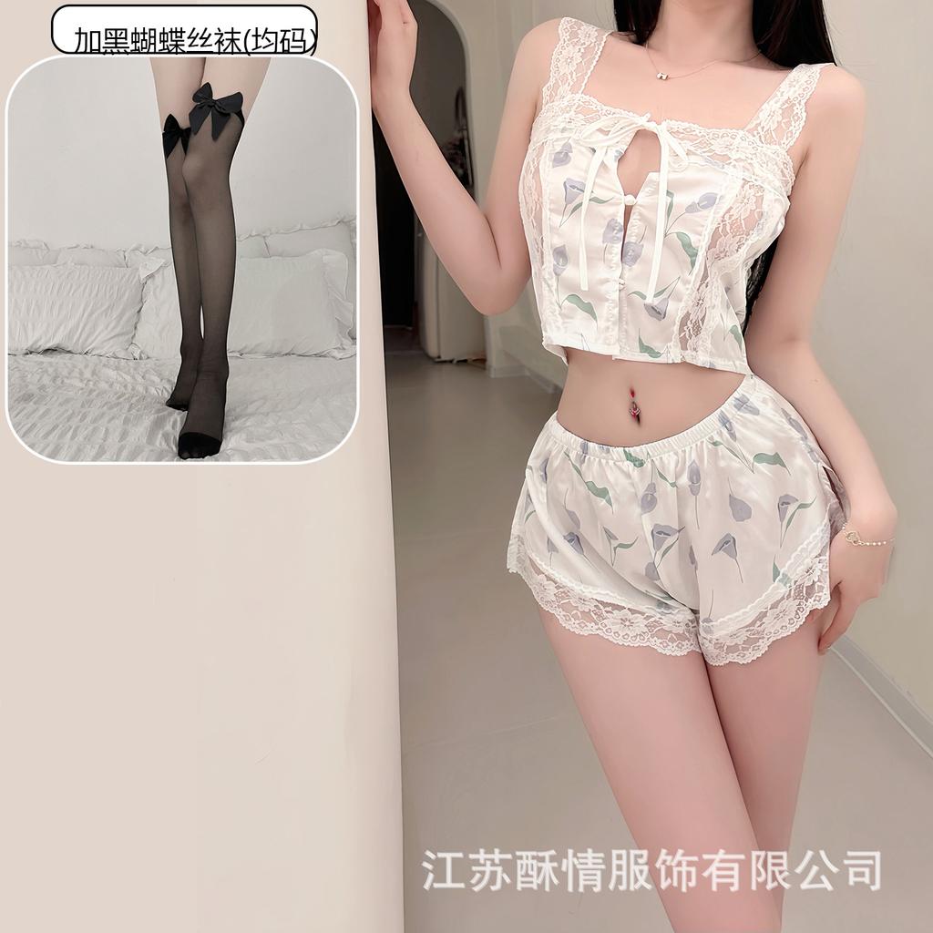Crispy Sexy Sweet and Spicy Women's Summer Ice Silk Thin Pure Desire Suspender Shorts Two-piece Set Lace Temptation Set