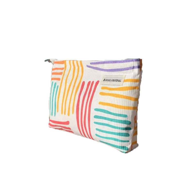 Corduroy Portable Cosmetic Bag Striped Waterproof Toiletry Organizer Large Capacity Skin Care Storage Bag for Hiking Trip