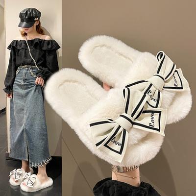 Fashion Winter Casual Fluffy Slippers Women House Flats Fashion Bowknot Designer Shoes White Ladies Home Plush Platform Elegant Footwear