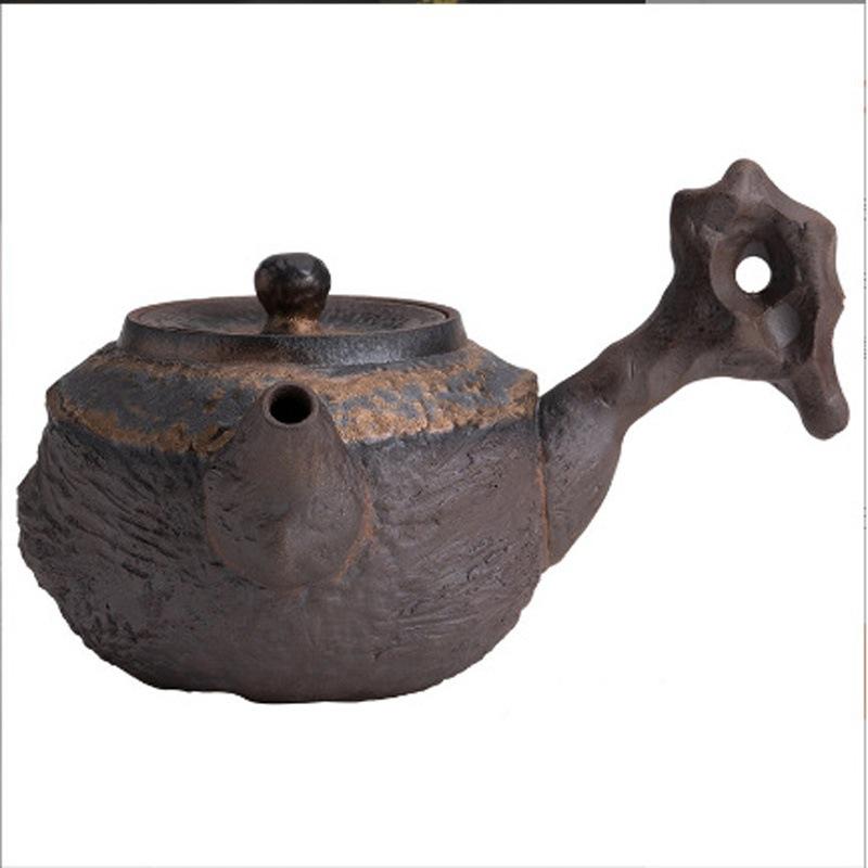 Ancient Early Burnt Lake Stone Side Handle Teapot Gilt Rust Glaze Teapot Single Pot Handmade Old Rock Clay Side Handle Teapot Coarse Pottery