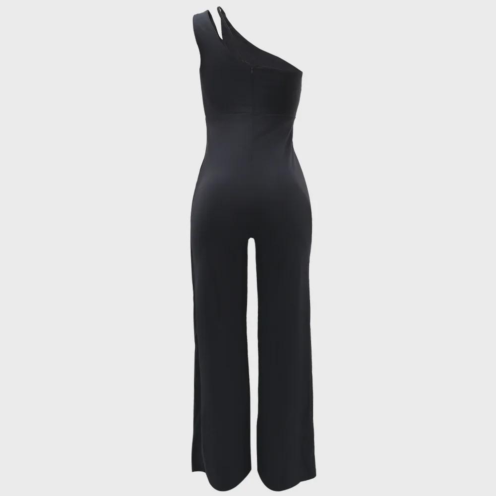 9904 European & American Sexy Sleeveless One-Shoulder High Waist Straight Jumpsuit