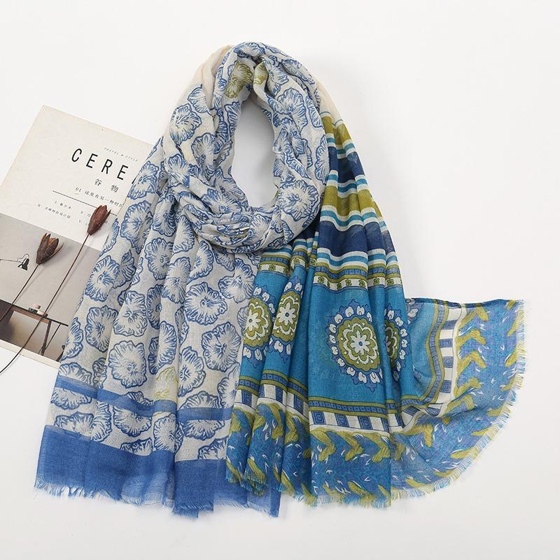 Spring and Autumn New Bali Yarn Tassel Retro Printed Geometric Scarf Versatile Fashion Travel Sunscreen Shawl Silk Scarf Women