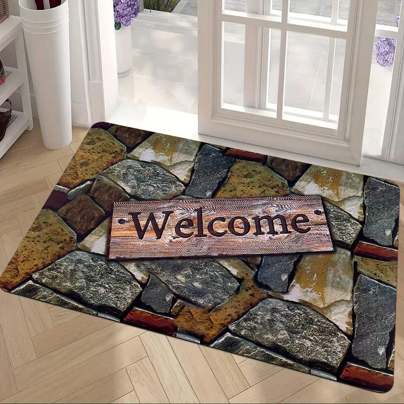 

Welcome Doormat Stone Wall Design with Wooden Sign Non Slip Entryway Rug for Indoor Outdoor Use Home Decor Housewarming Gift 40X60cm