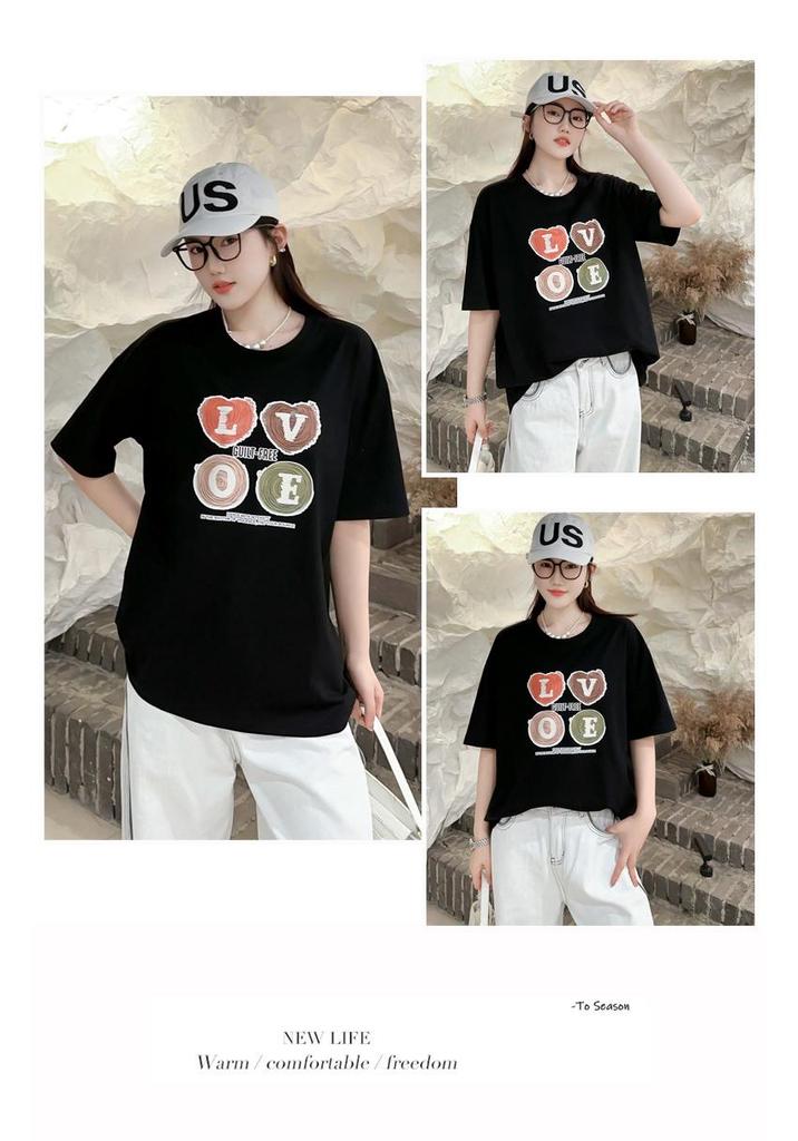 Summer 2025 Plus Size Love Letter Women's Loose T-shirt - Korean Style, Slimming, Short Sleeve