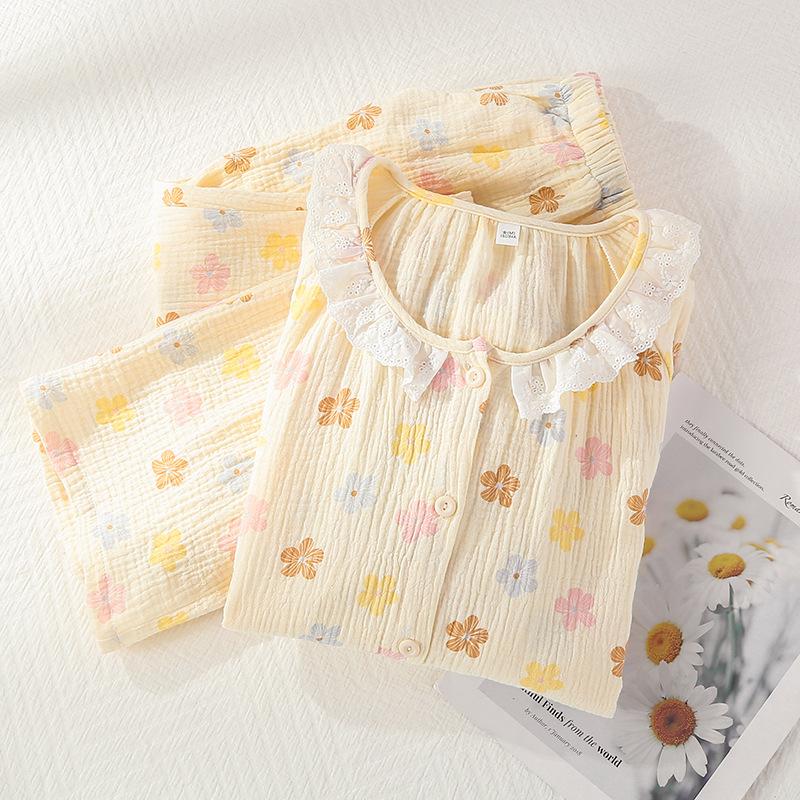 2026 New Spring/Summer Women's Pajama Set Pure Cotton Crepe Sweet and Cute Long Sleeve Long Pants Two Piece Home Clothes