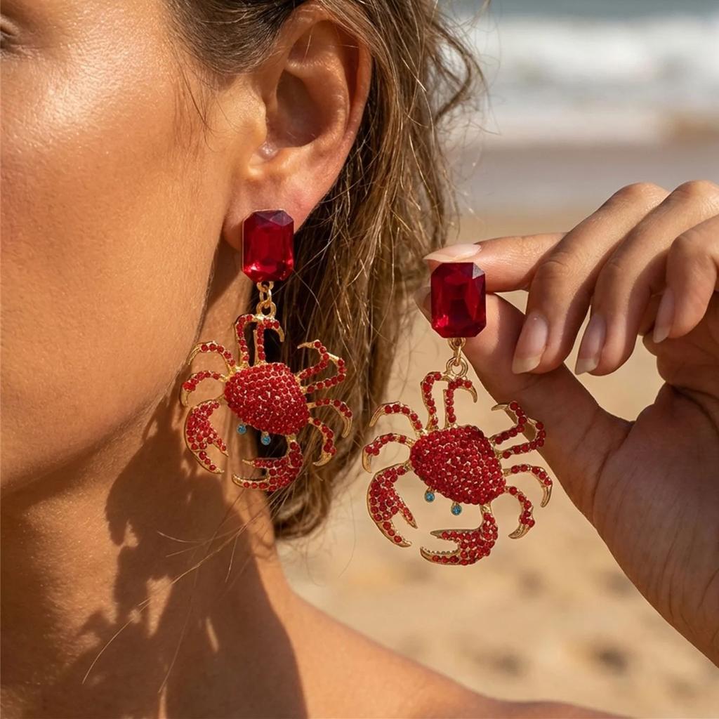 Summer Full Rhinestone Crab Earrings for Women Red Crystal Zircon Cute Sea Animal Drop Earring Beach Vacation Statement Jewelry