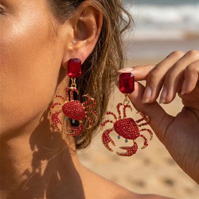 Summer Full Rhinestone Crab Earrings for Women Red Crystal Zircon Cute Sea Animal Drop Earring Beach Vacation Statement Jewelry