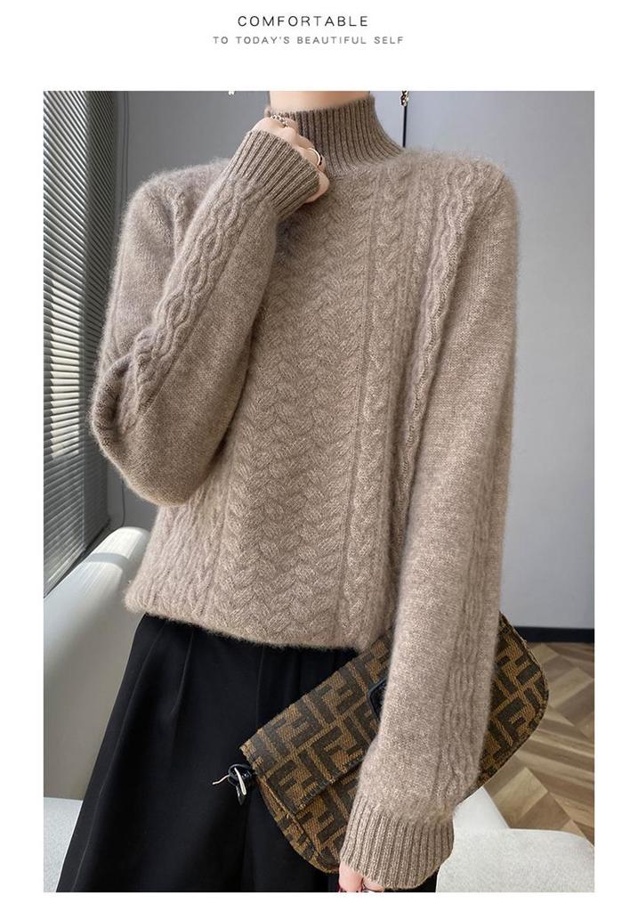 Women's Thick Basketweave Knit Pullover - Autumn/Winter, Half-High Neck, Long Sleeve, Elegant Base Layer.