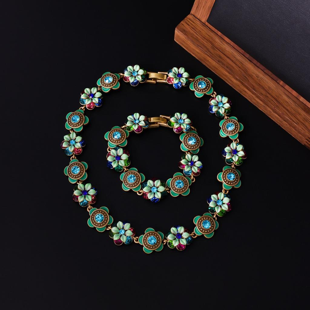 Collar de Flores de Estilo de Corte Vintage Conjunto de Joyas de Lujo Ligero Vintage Medieval Pulsera Antigua Pintada con Esmalte