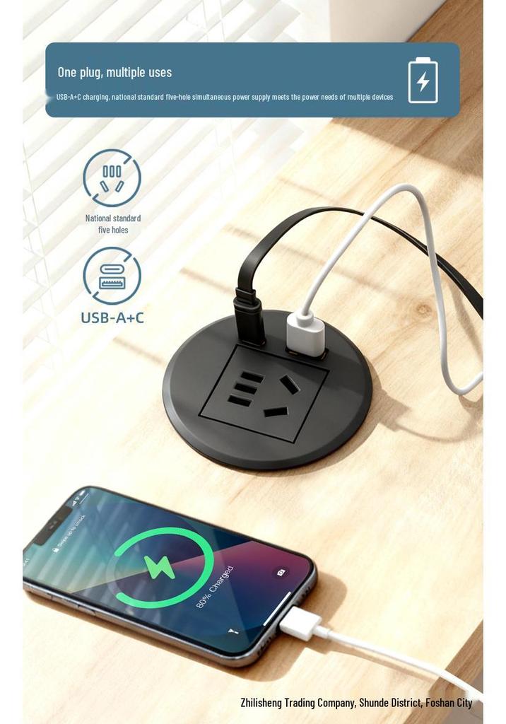 Recessed Round Desktop Power Socket with USB Charging, 60mm Hole