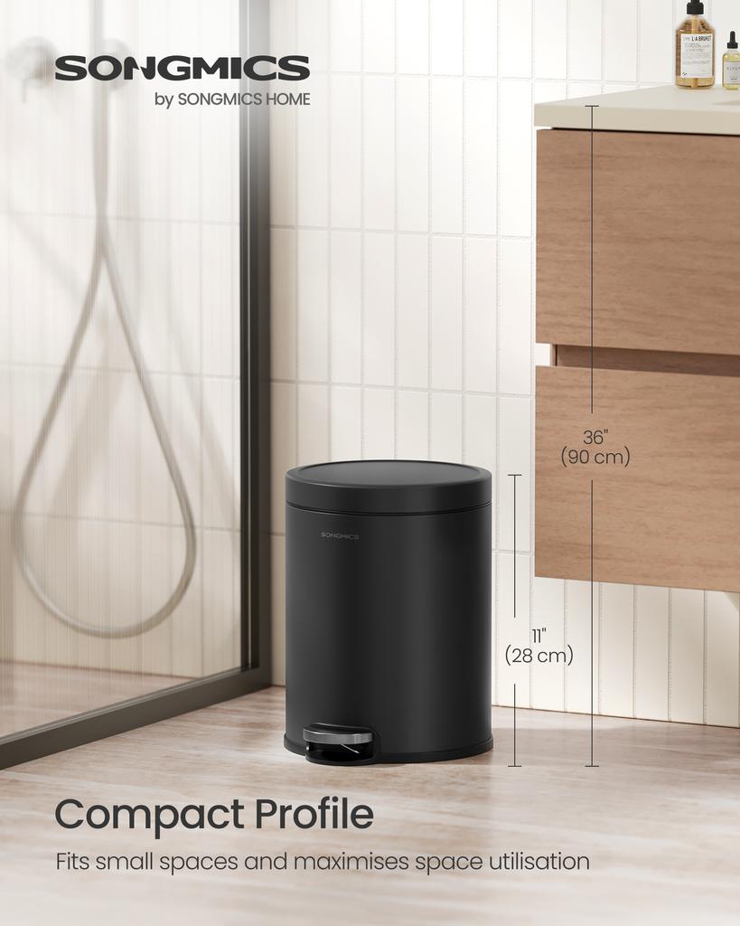 SONGMICS Bathroom Pedal Bin, 1.6 Gallon (6 L) Steel Toilet Bin with Soft-Close Lid, Inner Bucket, for Waste, Bedroom, Ink Black
