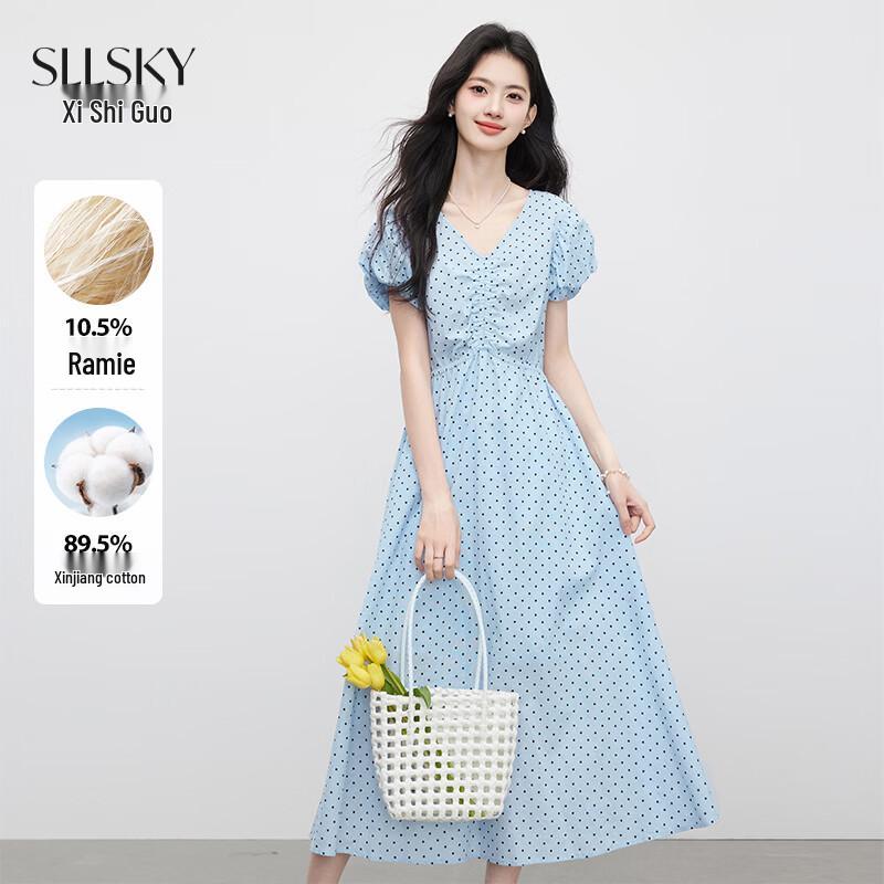 French Style Puff Sleeve Polka Dot Midi Dress XL