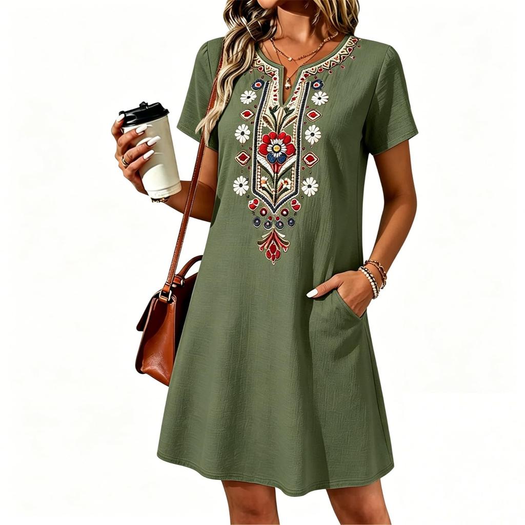 Robe Tunique Unie Brodée Décontractée Ample pour Femme Manches Courtes Col en V avec Poches Légère Confortable