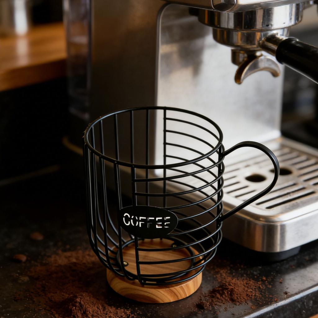 Metal Coffee Pod Wire Basket with Wooden Base Large Capacity Coffee Pod Holder for Kitchen Countertops Coffee