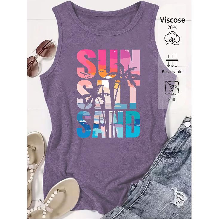 2026 Trendy SUN SALT SAND Beach Sunset Print Women Sleeveless Vest High Quality Casual Summer Tank Top
