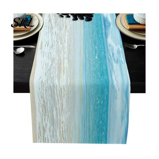 Summer Coastal Table Linens Beach Runner, Ocean Wave Rustic Linen Runner for Home House Party Decor Accessories