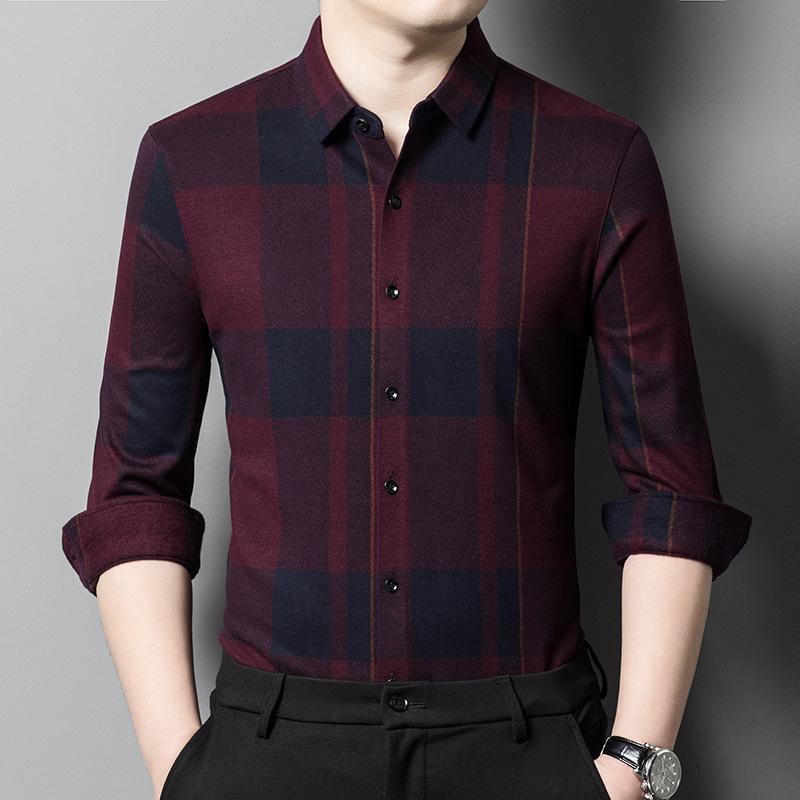 Осенняя мужская шерстяная клетчатая рубашка с длинными рукавами для людей среднего — фото 4