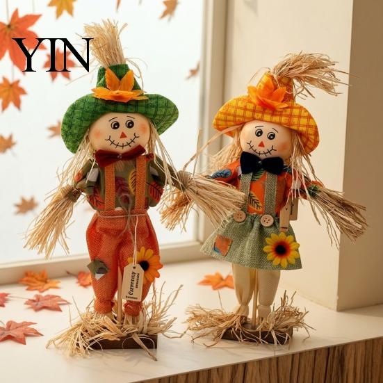Autumn Garden Statue Standing Fall Scarecrow Decoration, Rustic Halloween Thanksgiving Ornament Seasonal Holiday Party Prop with Clothes Hat
