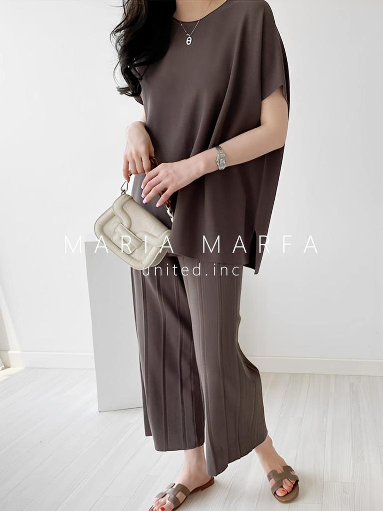 Maria Marfa French Sleeve and Pants Remote Office Maxi Size Cut and T-Shirt High-Waisted Set, 2-Piece Set, Spring/Summer, Collarless, Brown, Pants,