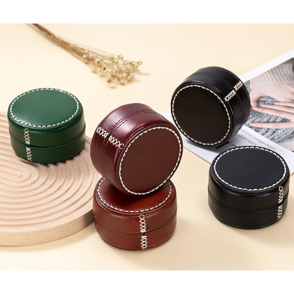 New first-layer vegetable tanned cowhide jewelry box round retro multi-functional storage box high-end jewelry box